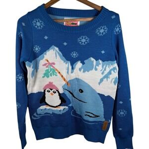 Tipsy Elves Narwhal Penguin Blue‎ Ugly Mistle Toe Christmas Sweater Size Medium